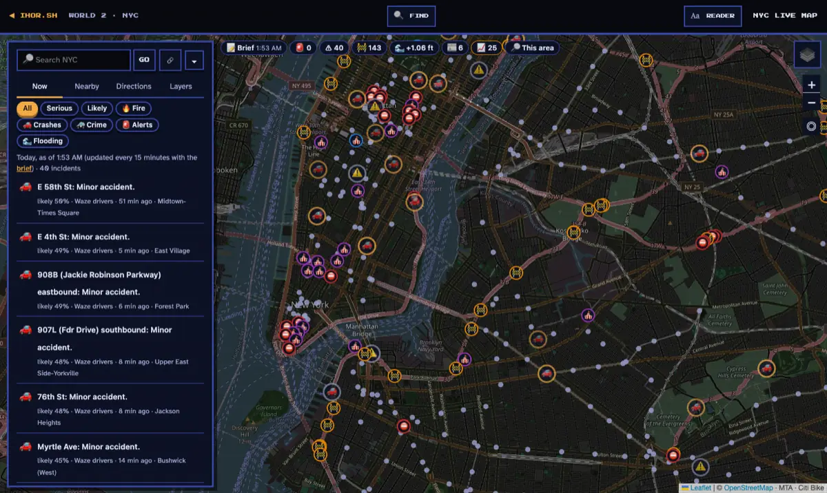 The NYC Live Map at 1:53 AM: 40 incidents today, 143 closures and 25 unusual 311 counts The NYC Live Map at night: today's incidents ranked in the left panel, the city bar with alerts, incidents, closures, harbor water level and news at the top, and incidents, closures and permitted events across Manhattan and Brooklyn